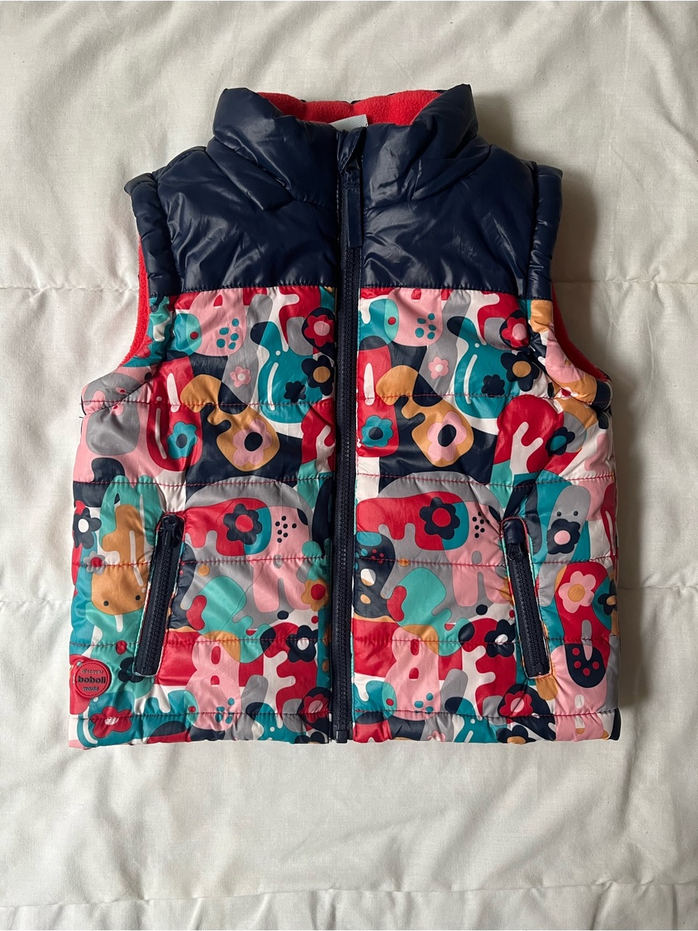 Boboli Kids Floral Pattern Quilted Vest - Navy & Multicolor